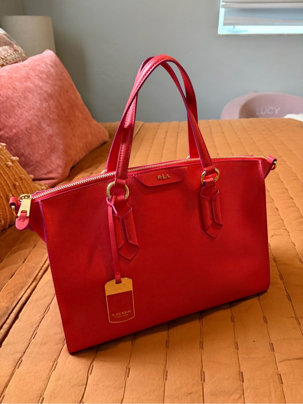 Ralph Lauren Scarlet Red Leather Tote with Gold Hardware
